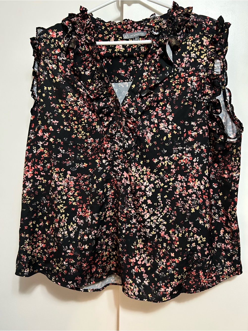 Wit & Wisdom Black Floral Ruffle V-Neck Camisole